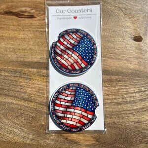 Set of 2/5" Ceramic Car Coasters with Notch, Patriotic Car Coaster